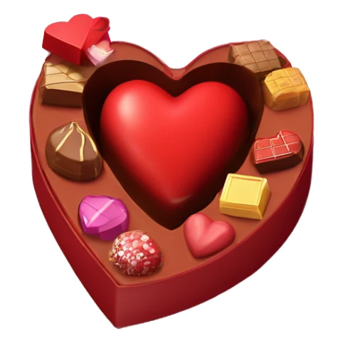 A heart shaped red chocolate box partialy closed to reveal some chocolates inside sticker