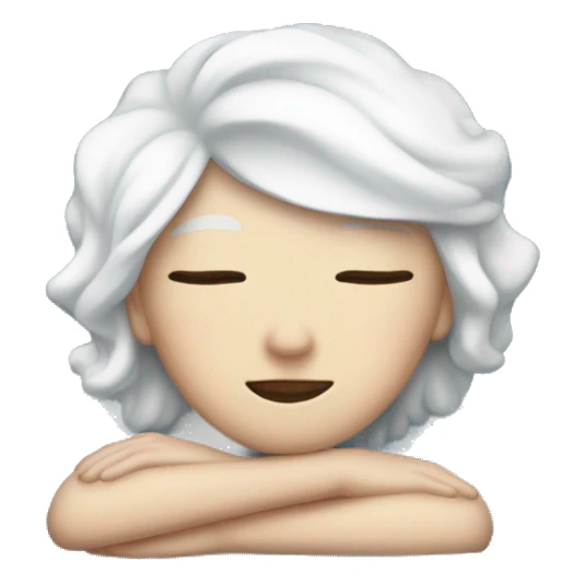white female with white hair with a blue bow asleep on a blue/white bed sticker