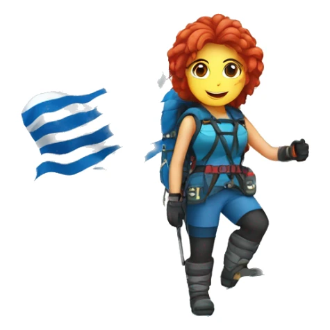 a red hair female mountaineer summitting ice peak with greek flag sticker