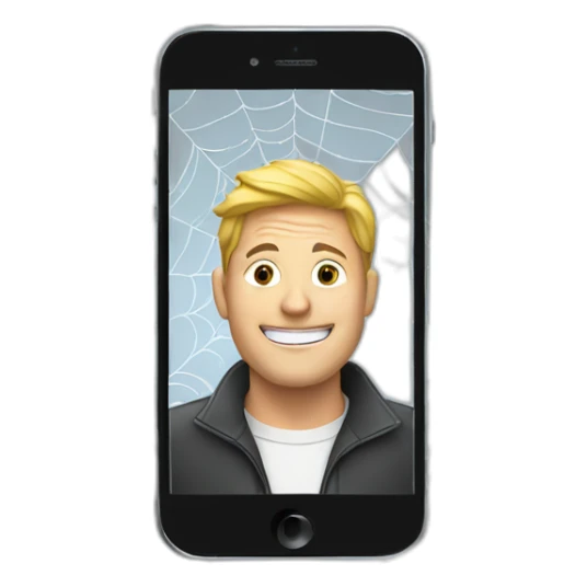 a mobile phone, covered with a spiderweb, with a picture of a man sticker