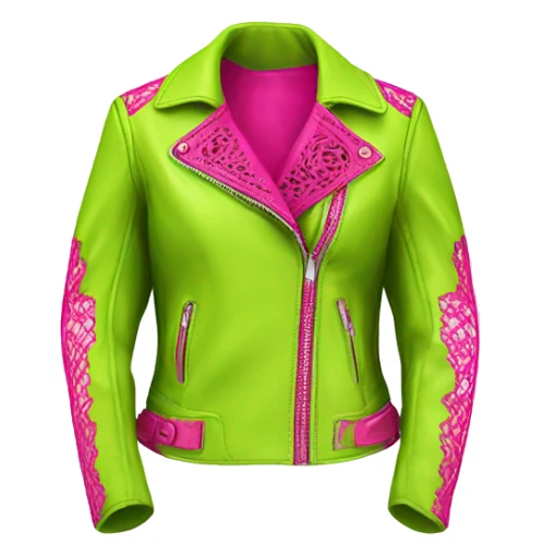 Realistic isolated side view of an open lime green fashion leather jacket with hot pink lace trim on it. sticker