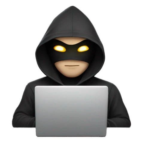 hooded masked man with a laptop and bright glowing white eyes  sticker