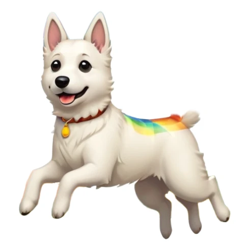 Beautiful White belgian Shepard jumping Cheerful  over Rain puddles. There is a rainbow in the sky and Autumn forest in the background sticker