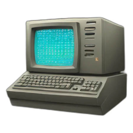 An ancient computer with glitches on monitor sticker