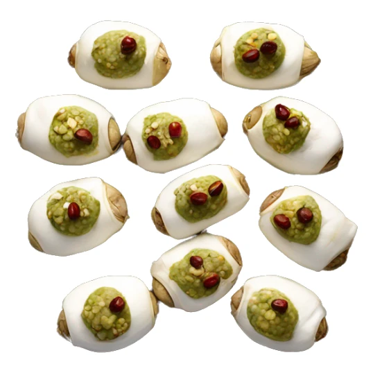 Multiple dates stuffed down the center with goat cheese and pistachios on a tray sticker