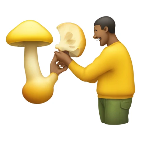 A person eating a yellow mushroom comprised of two circles and a stem sticker