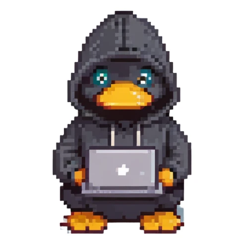 black rubber duck with tiny hoodie and a laptop, hacker sticker