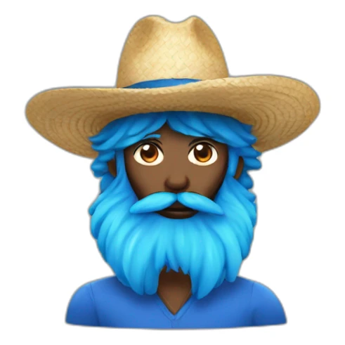 a man black beard and mustache wearing straw hat with large blue hair sticker