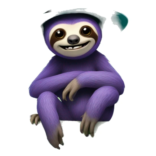 Purple sloth sitting on a banana tree wearing a bowler hat that is turquoise with an evil smile face  sticker