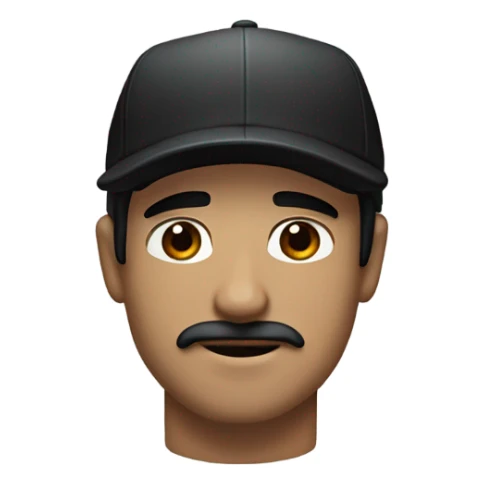 White guy with medium length straight black hair and a baseball hat. Brown eyes and a classic mustache and NO beard. Black hair sticker