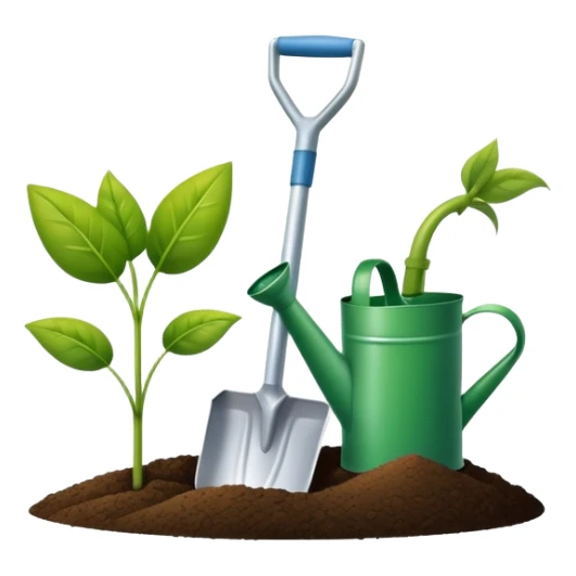 An icon featuring a shovel, a plant symbolizing agronomy. The design includes crops, a field, and a watering can, representing the science of soil management, crop production, and sustainable farming. Transparent background highlights agricultural research and growth. sticker
