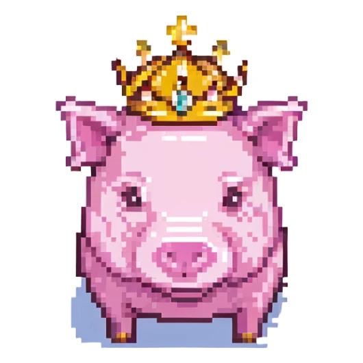cute pixel art pig, golden crown, 8-bit style sticker