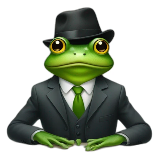 A frog wearing a suit looking straight sitting on a table and wearing a hat sticker