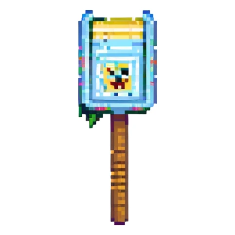 pixel art, Minecraft first-person view, Spongebob Squarepants holding a pickaxe, inventory bar at the bottom sticker