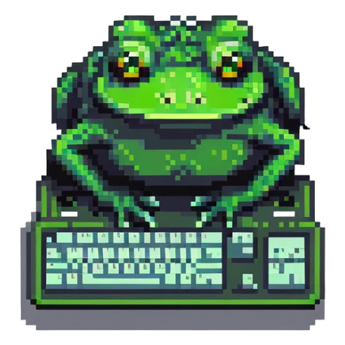 Pepe the frog meme character coding on computer, green frog with sad eyes typing on keyboard sticker