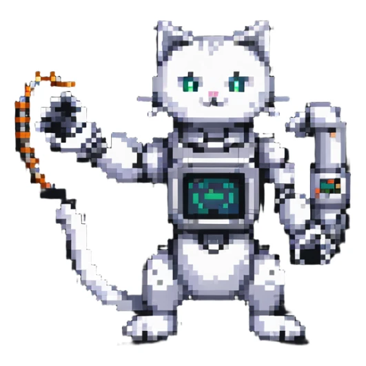 pixel art cat with a robotic arm, retro gaming vibe sticker