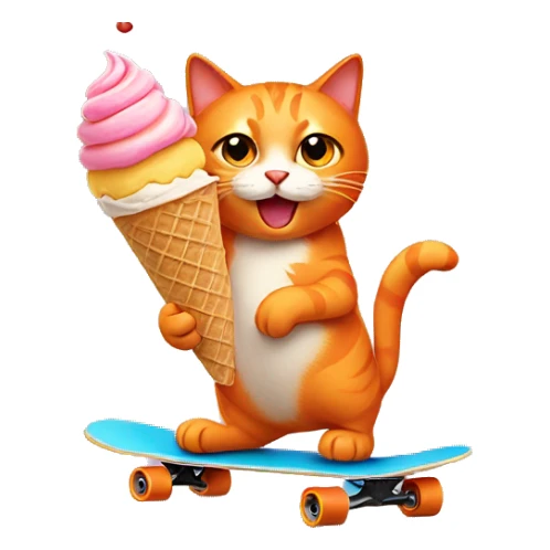 orange cat riding a skateboard and eating an ice cream cone sticker