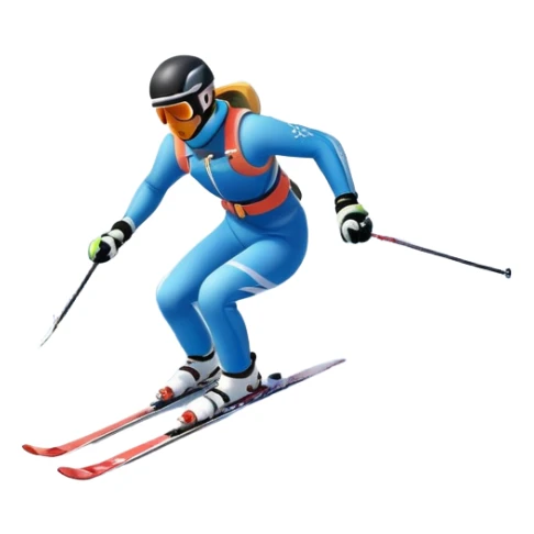 An icon featuring snowy peaks, pine trees, and a picturesque mountain landscape with a skier racing down a snow-covered slope, The sky is blue with soft clouds, capturing the thrill and beauty of alpine skiing. Transparent background highlights the excitement and serenity of winter sports. sticker