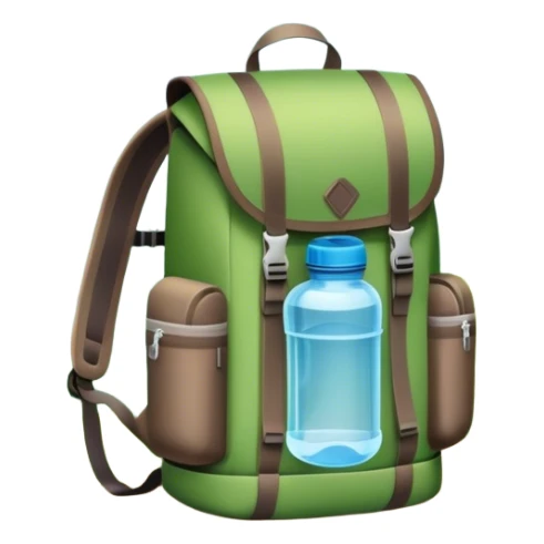 Icon for Ecotourism: a lightweight hiking backpack with a reusable water bottle, placed against a backdrop of lush green nature, with trees and a scenic trail. The icon should represent eco-friendly travel and the beauty of the outdoors. Transparent background. sticker