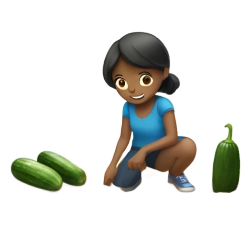 Girl picking up dirt from the floor with a cucumber sticker