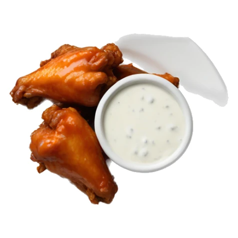 2 buffalo wings on a white plate with a side of ranch sticker