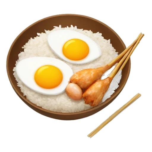 a bowl of rice with two eggs and two chicken drumstick on top sticker