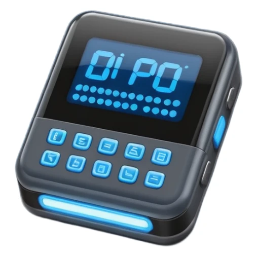dark gray pager with digital display glowing blue, showing BIP in pixel-style text, rounded edges, few buttons, clean flat iOS emoji style, soft shadows and highlights sticker