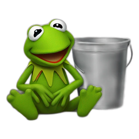 Sad Kermit, sitting on the ground against a wall, holding a bucket in his hands with tears flowing from his eyes into the bucket  sticker