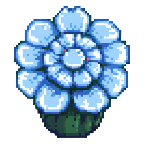 blue flower-shaped candy, isolated on a transparent background, pixel art style sticker