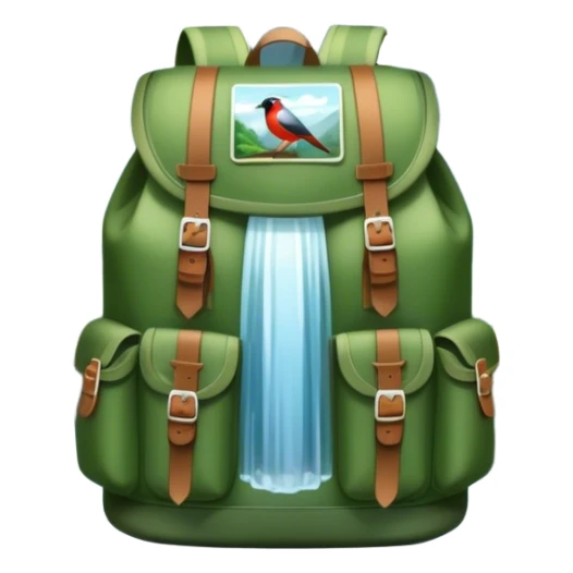 Icon for Ecotourism: lightweight hiking backpack and a scenic landscape with lush green forests, a waterfall, and wildlife, such as birds or animals in background. Transparent background. sticker