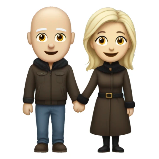 White bald man with black eyebrows holding hands with long blond woman in winter clothes sticker