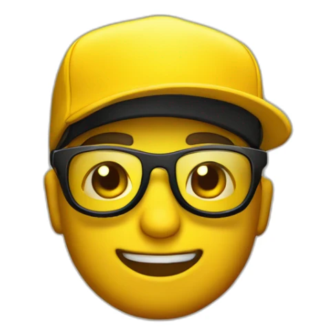 crea un emoji amarillo con lentes de sol tipo aviador y gorra negra sticker