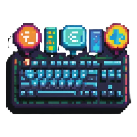 Colorful IT tech badge pixel art with simple keyboard symbol, vibrant colors sticker