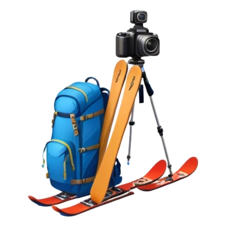 Icon for Mountain Tourism: a distant snow-capped mountain peak with skis, a snowboard, an ice axe, a backpack and a camera. The icon should convey the spirit of adventure and exploration in the mountains. Transparent background. sticker