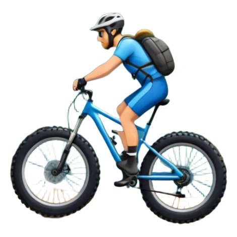 An icon featuring a forest trail or rocky mountain road. The background shows dense trees, steep slopes, and distant peaks under a clear blue sky with mountain bike with wide tires, positioned on  Transparent background highlights the thrill and rugged beauty of mountain biking. sticker