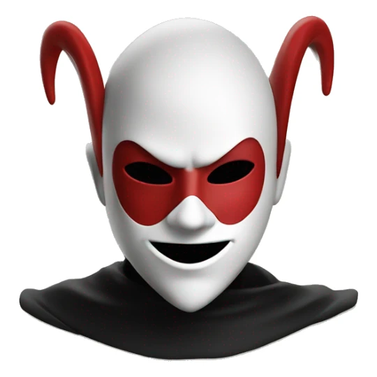 A red and black jester with a white minimalist mask with two red cuts on his eyes and an open mouth smiling empty sticker