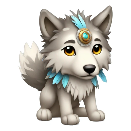 Fluffy Shy Chibi Spiritual Shamanic Wolf With Shiny Tribal Markings wearing feathers Full Body sticker