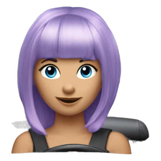 bangs lilac pixie cut hair girl with blue eyes, driving Cooper Mini Convertible show full car sticker