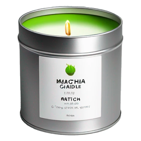 matcha scented candle in a silver tin with a small white label realistic sticker