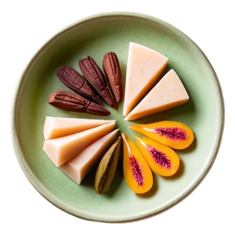 Una composición de arte en miniatura, estilo flat lay: un trozo de manteca de Karité o cacao cruda con una pequeña ramita de oliva y pétalos de rosa seca alrededor. Colores: tonos tierra, verde oliva y crema. Estilo: orgánico y de estudio fotográfico. Fondo suave. sticker