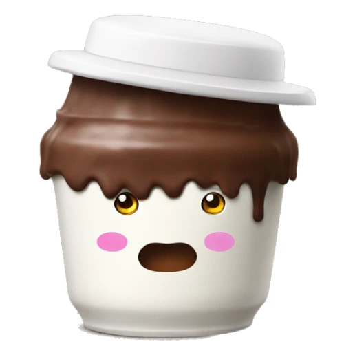 A chocolate yoghurt pot like danette with legs and arms that are white, and a funny hat sticker