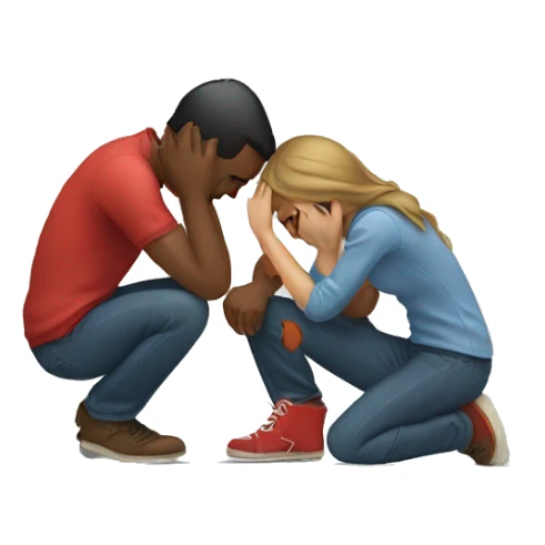 A man kneeling and crying while trying to repair his girlfriend's broken heart. The heart should be depicted as a broken emoji heart, emphasizing the emotional scene. sticker