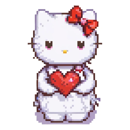 Hello Kitty holding a heart, white cat, red bow, small heart sticker