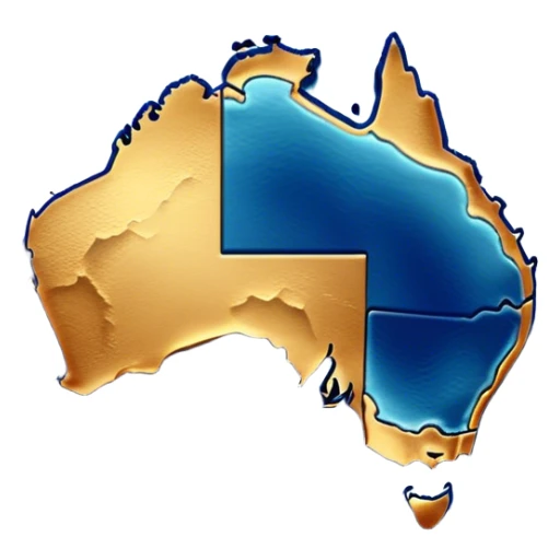 Cinematic-realistic outline of Australia, featuring its distinct landmass with accurately defined coastlines. The deep blue ocean surrounds the golden-brown continent, with subtle topographic shading to highlight its terrain. A soft glowing effect enhances the edges, making the shape stand out against a neutral, textured background. sticker