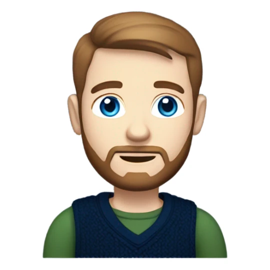 irish man blue eyes, brown short hair and short beard, wearing a smart navy blue jumper. full body. sticker