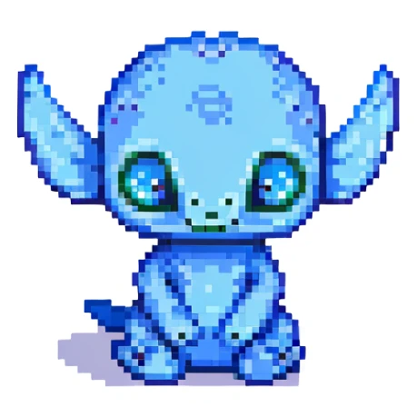 Stitch, the blue alien, sitting and looking curious, pixel art style sticker