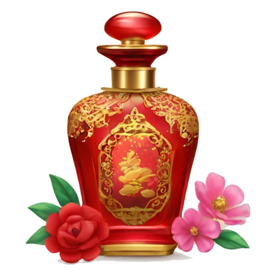 An antique perfume red bottle in oriental style, oil perfumes inside, sequins and flowers flying around sticker