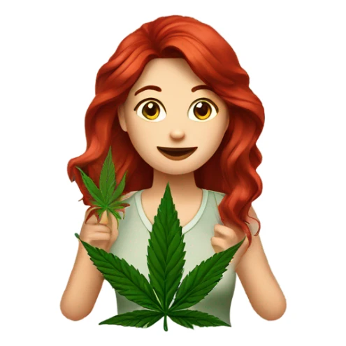 female deep red hair, sitting, holding marijuana leaf  sticker