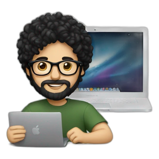 Designer with black hair, beard and glasses working with MacBook and drinking cappuccino  sticker