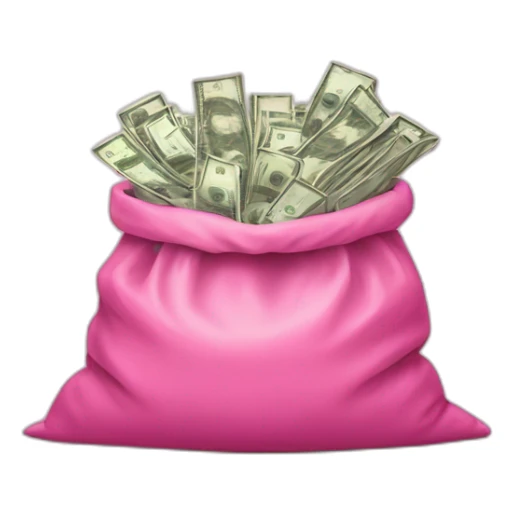 a mountain of money in a pink bag sticker